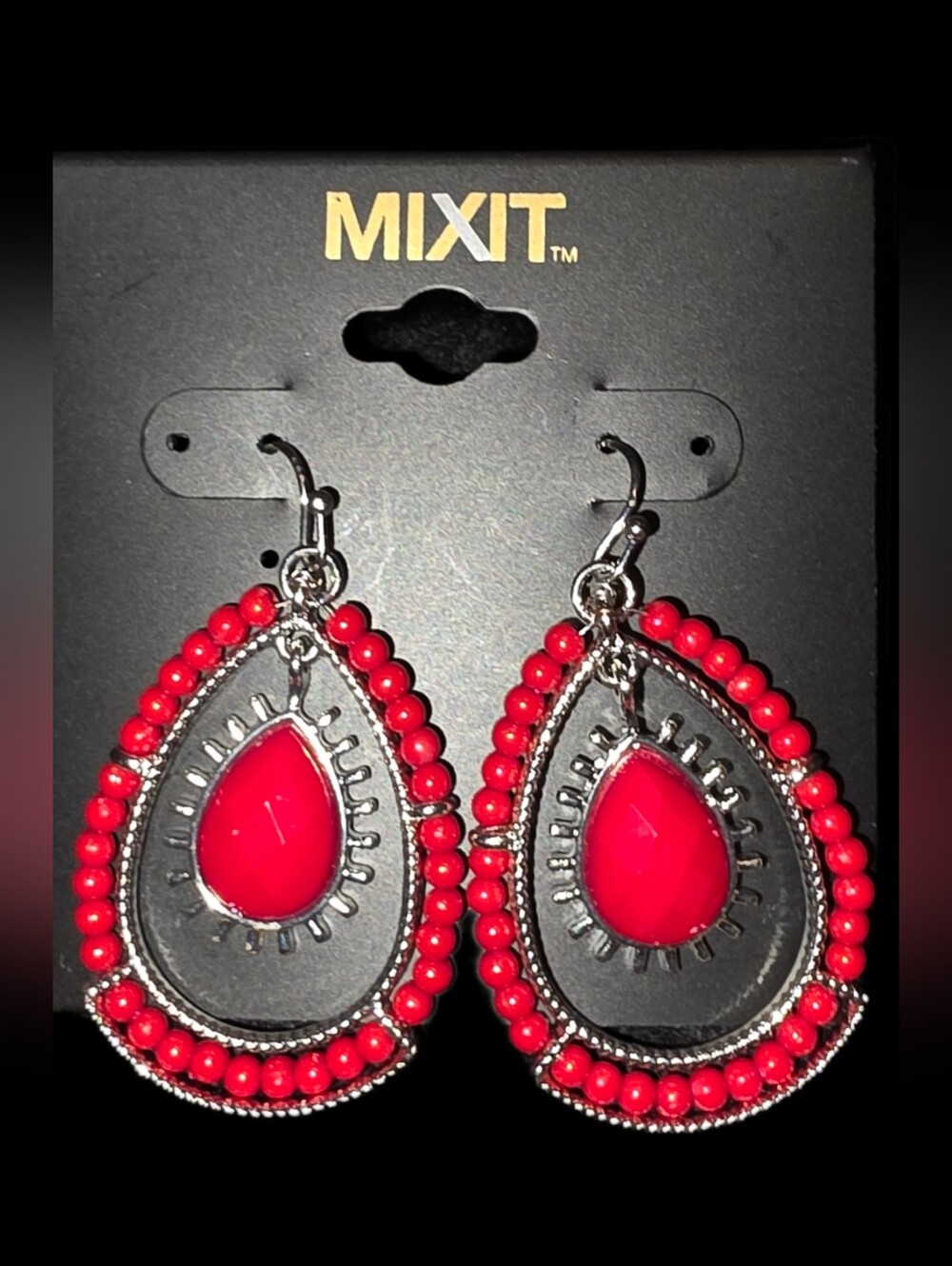 Red Beaded Teardrop Dangle Earrings